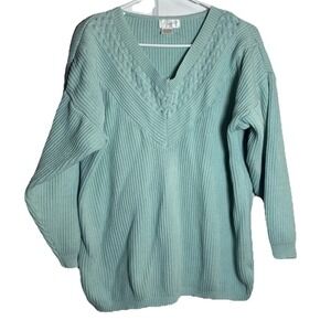 Vintage Apart Sweater Women's L Aqua Blue Cable Knit Cotton V-Neck Taiwan 80s